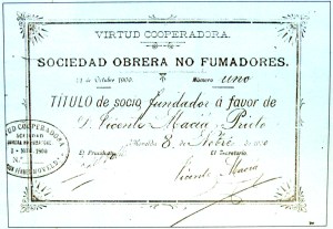 00_TituloSocioFundadorSONoFumadores_LaVirtudCooperadora [BarrioEstación,Novelda 1900] ArchivoParticularEdisónMaciá