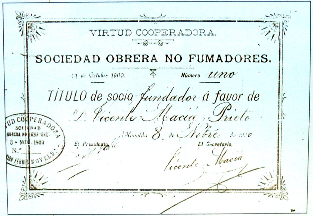 00_TituloSocioFundadorSONoFumadores_LaVirtudCooperadora [BarrioEstación,Novelda 1900] ArchivoParticularEdisónMaciá