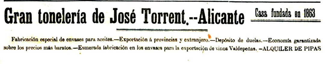 Antigua Fabrica de Toneles José Torrent 1896 - Anuncio_Alicante
