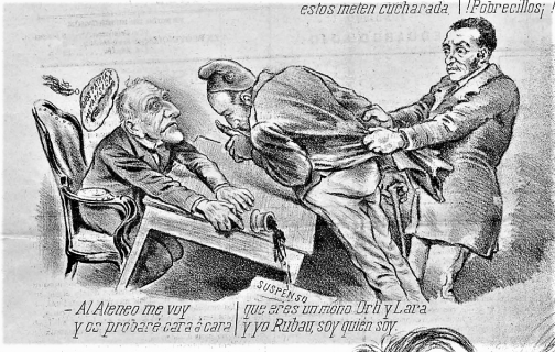 2_José Rubau_10-1894_El cojo Rubau -sujetado x ¿Marsal?- protesta al rector Univ Central Madrid x suspenderle en Metafísica