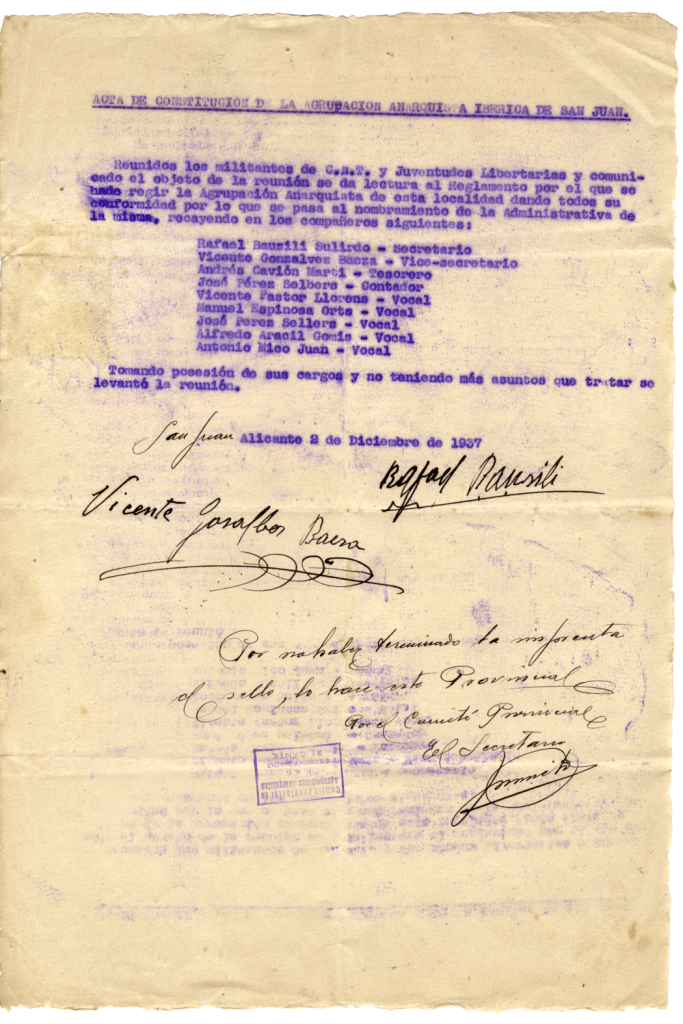 Acta de constitució de l’Agrupació local de la Federació Anarquista Ibèrica en Sant Joan_AMSJA 1-C-1209-10